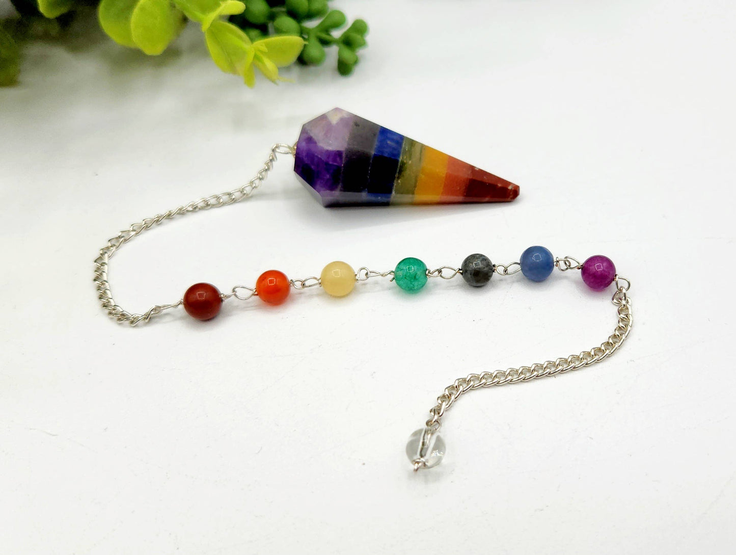 Seven Chakra Pendulum w/Chakra Beads-Silver Plated Chain