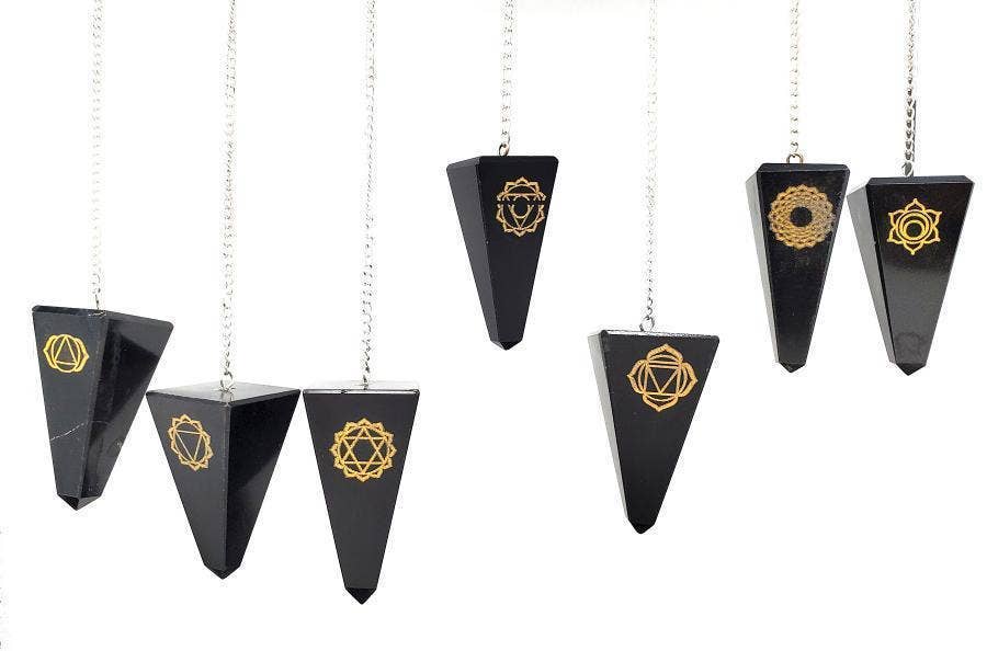 Seven Chakra Symbol Engraved On Black Agate Pendulum (7 Pcs)