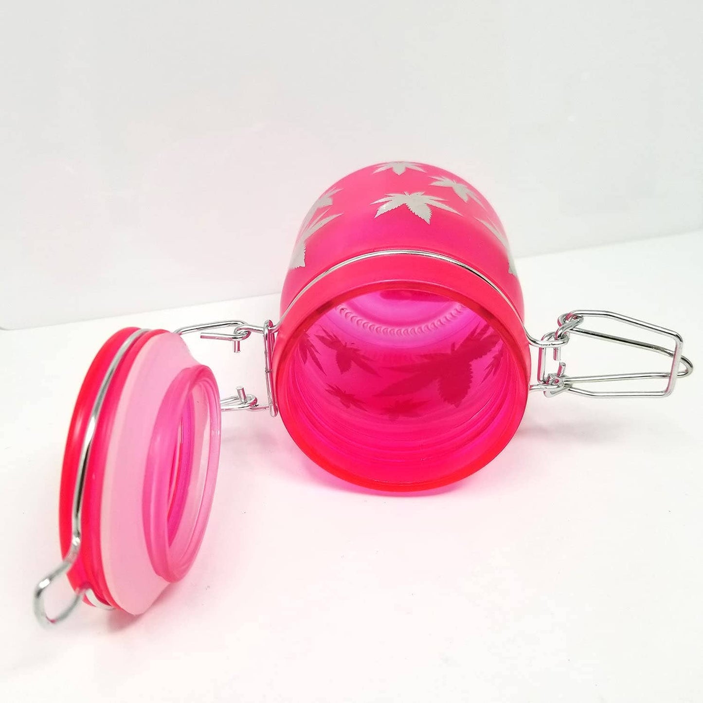 Glass Herb Stash Jar Neon Pink W Silver Leafs-Medium