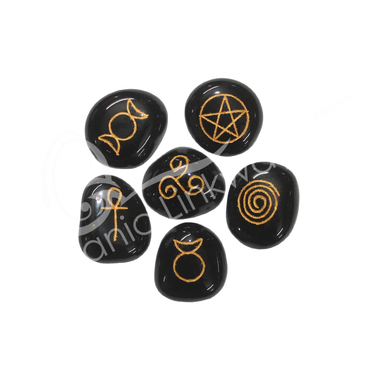 (SET OF 6)STONES SET - AGATE, BLACK ENGRAVED PAGAN SYMBOLS