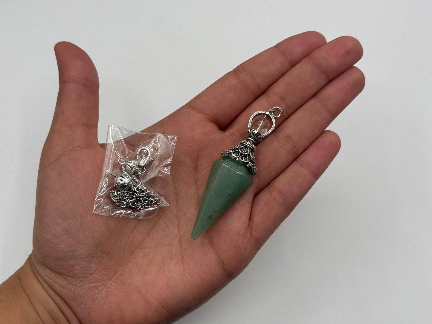 Green Aventurine Double Cap Pendulum with Silver Plate Chain