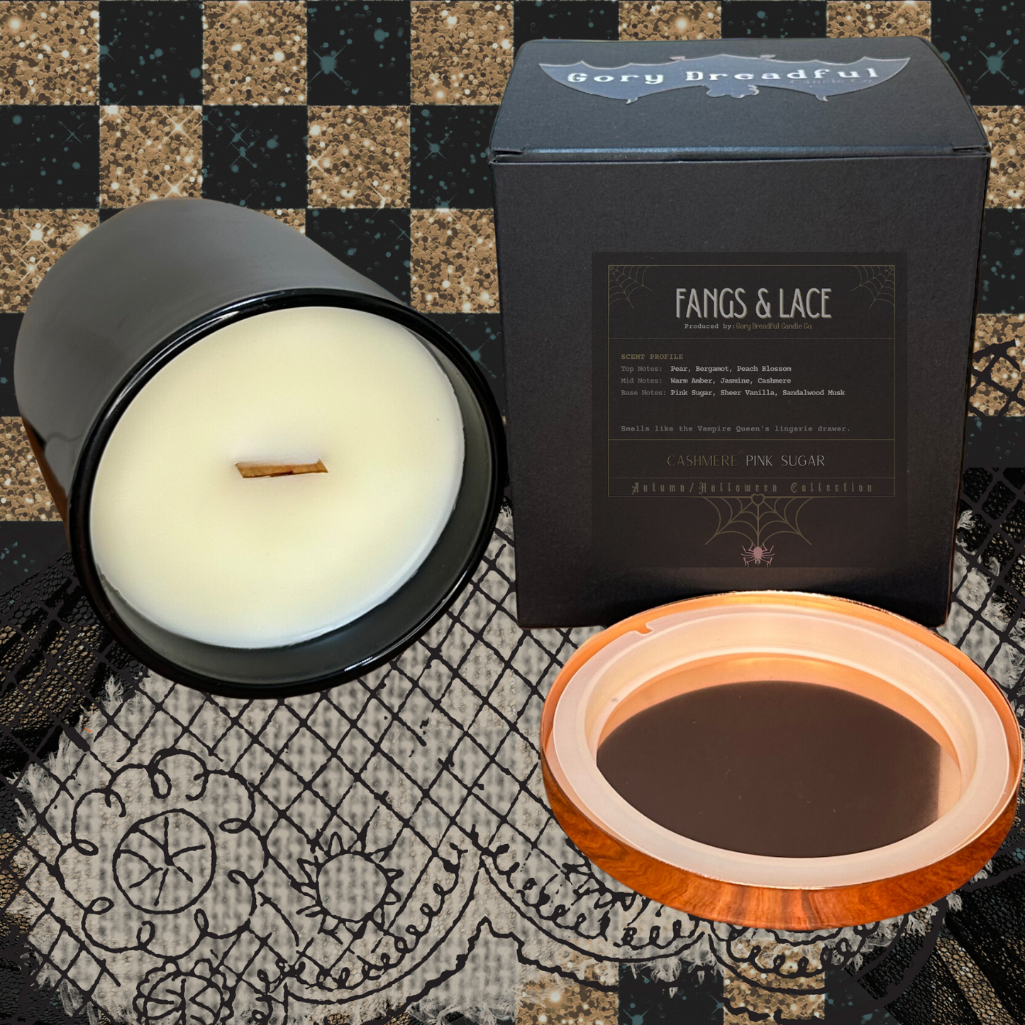 Fangs & Lace Crackling Wooden Wick Candle: Cashmere Pink Sugar Scent