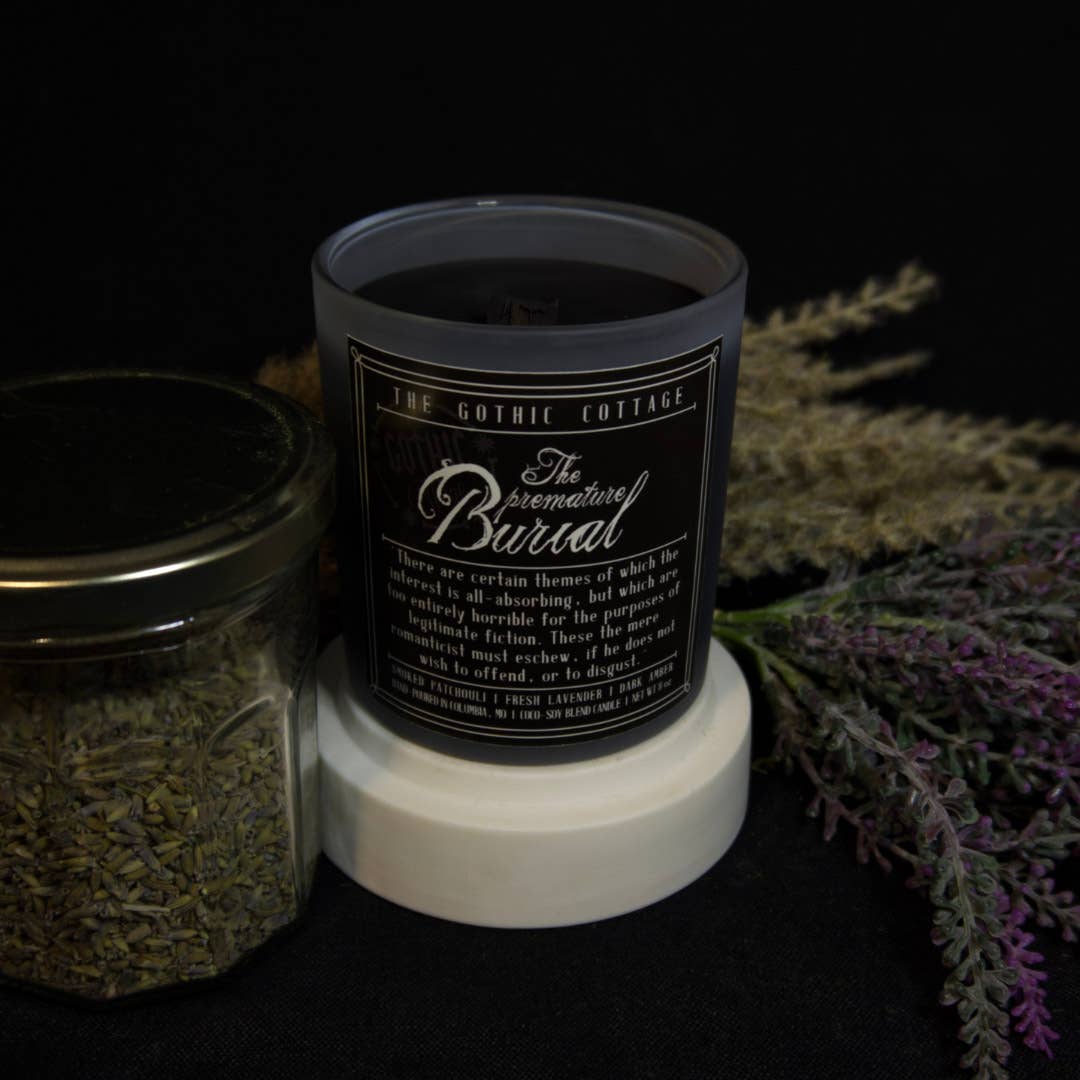 Lavender & Patchouli—8oz black candle | The Premature Burial