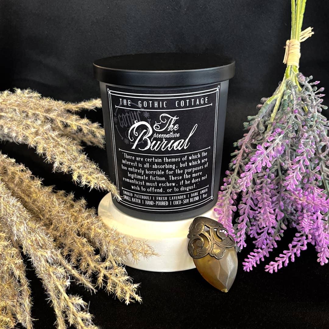 Lavender & Patchouli—8oz black candle | The Premature Burial