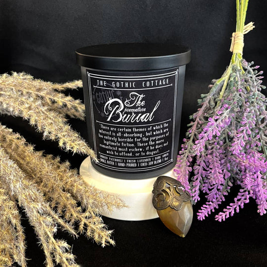 Lavender & Patchouli—8oz black candle | The Premature Burial