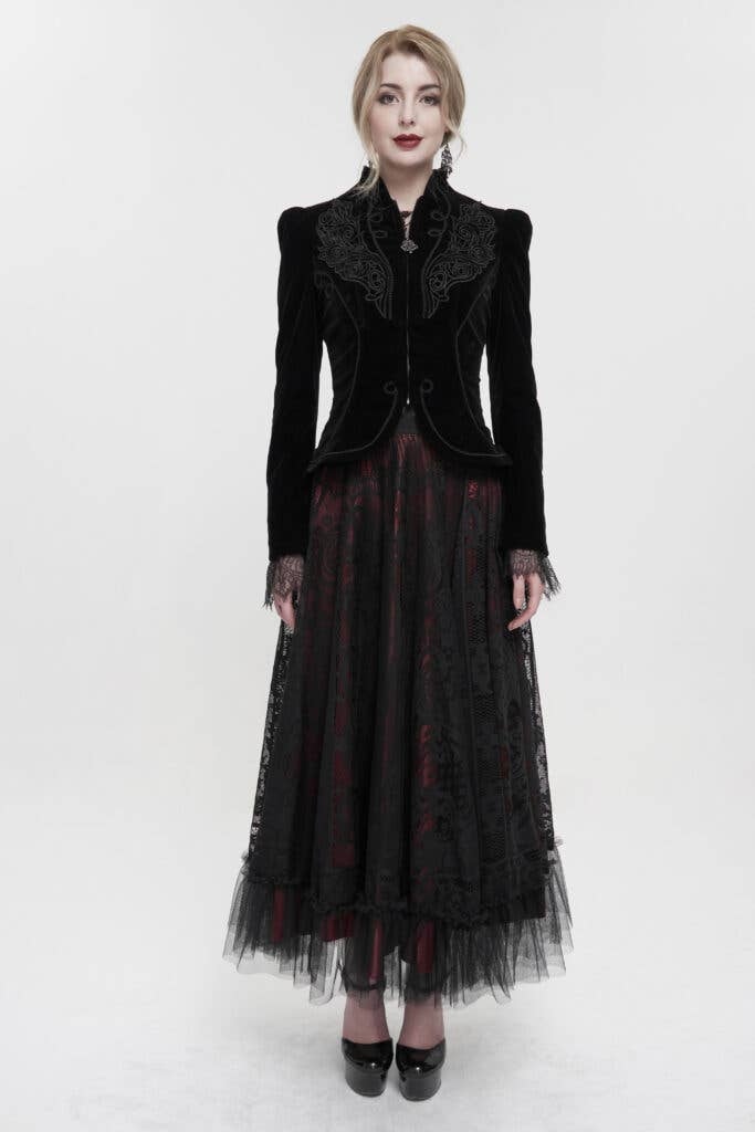 CT19301 - Black Gothic Embroidered Princess Seam Coat-S