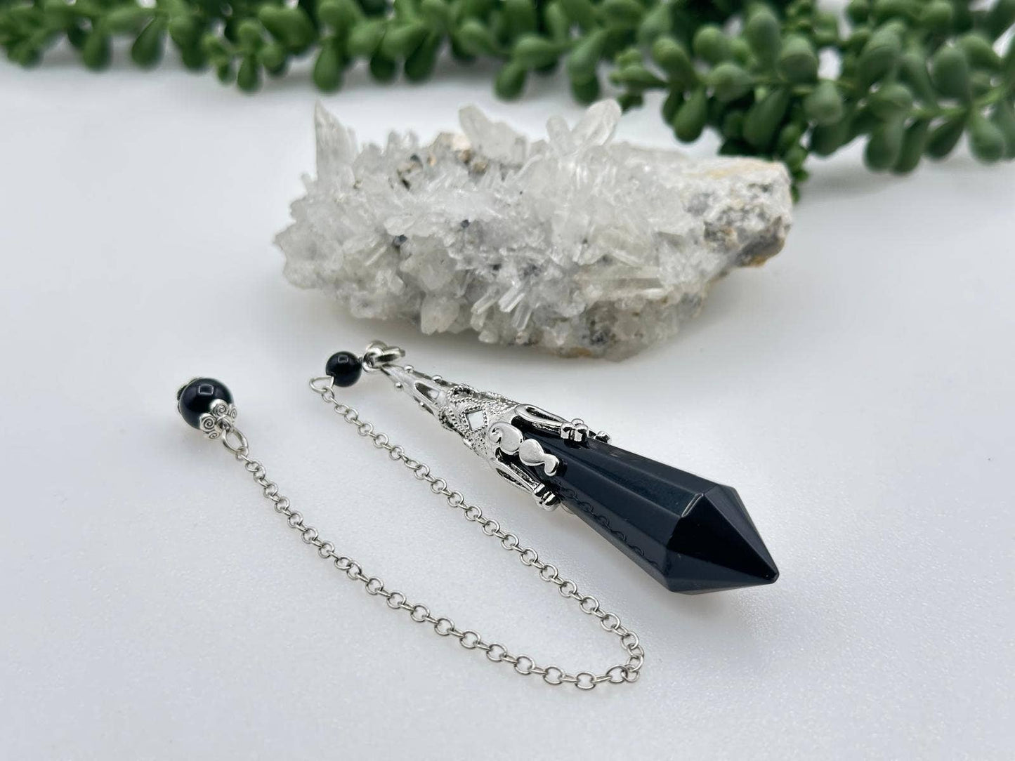 Black Obsidian Gemstone Art Deco Silver Color Pendulum