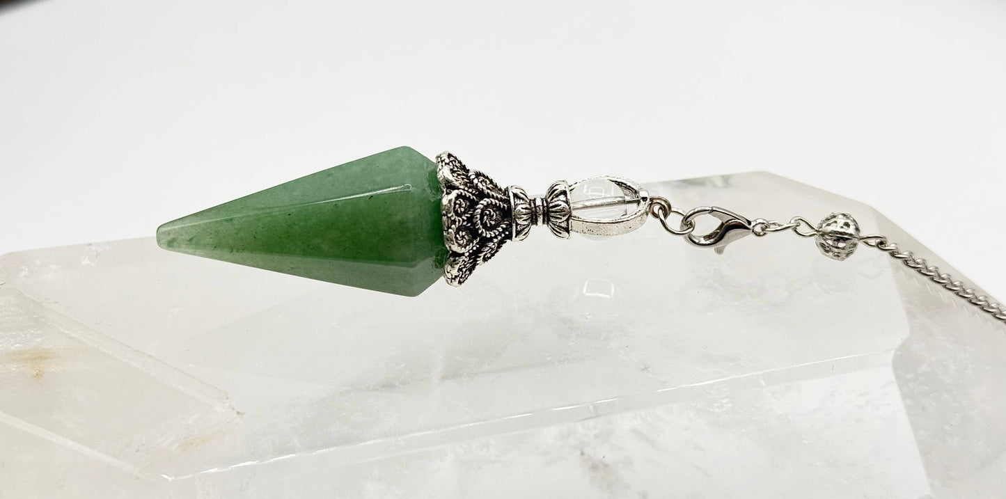 Green Aventurine Double Cap Pendulum with Silver Plate Chain