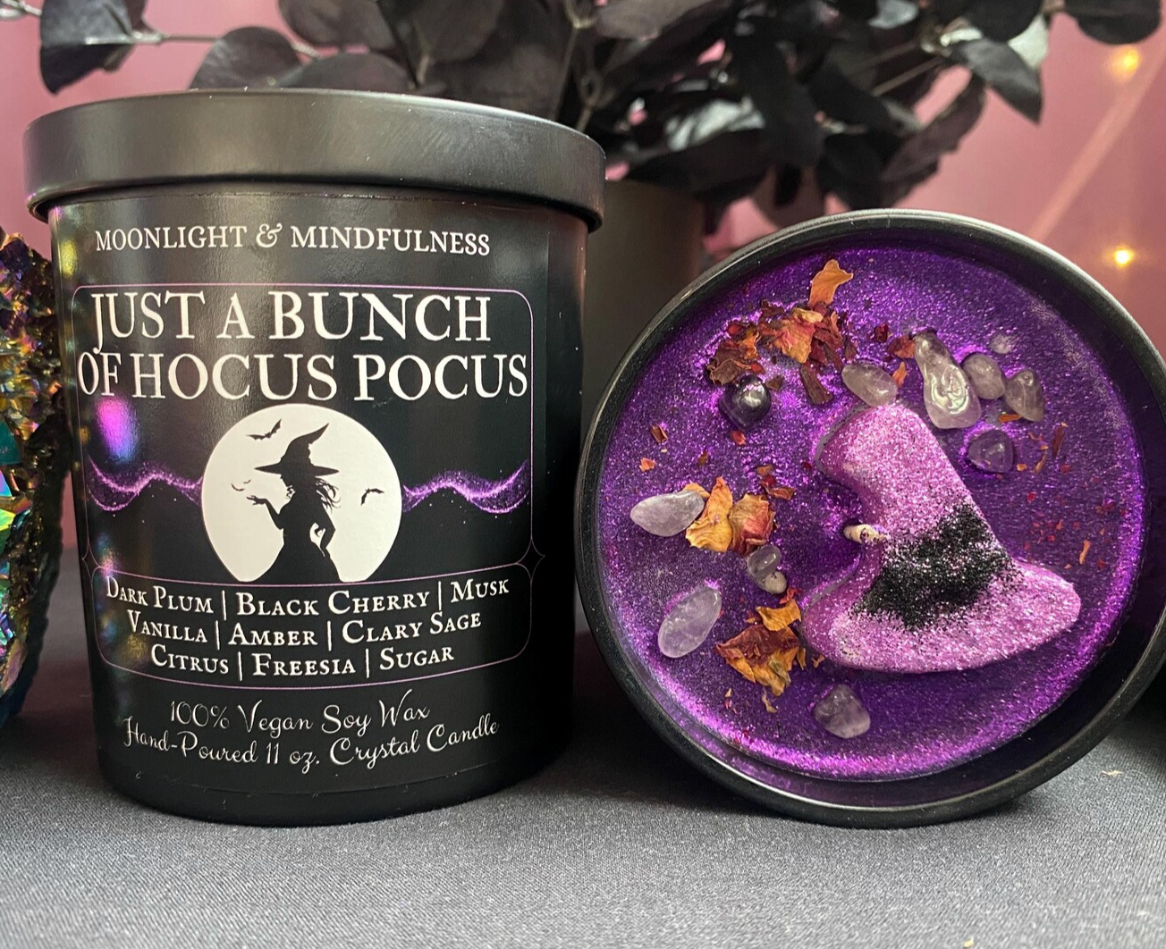 Hocus Pocus 100% Soy Wax Crystal Candle, Witch Hat, Vegan