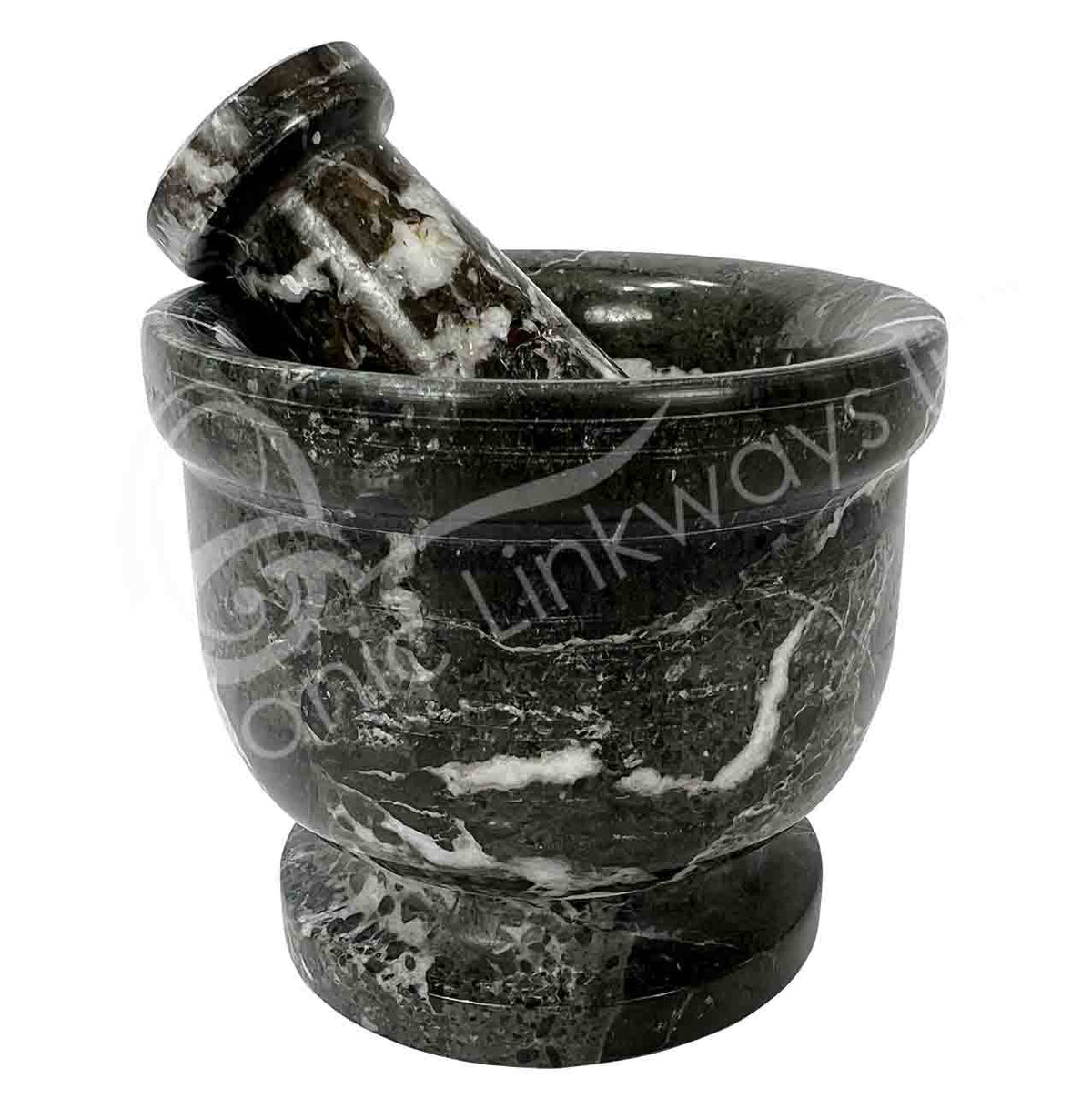 (PC)MORTAR & PESTLE - MARBLE, BLACK ZEBRA 4"