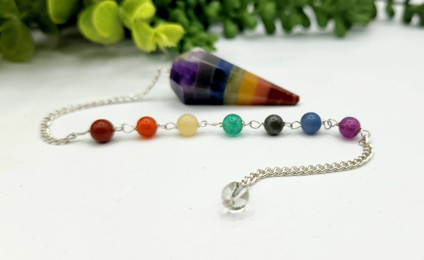 Seven Chakra Pendulum w/Chakra Beads-Silver Plated Chain