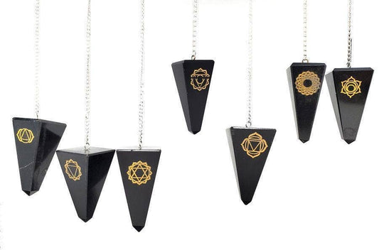 Seven Chakra Symbol Engraved On Black Agate Pendulum (7 Pcs)