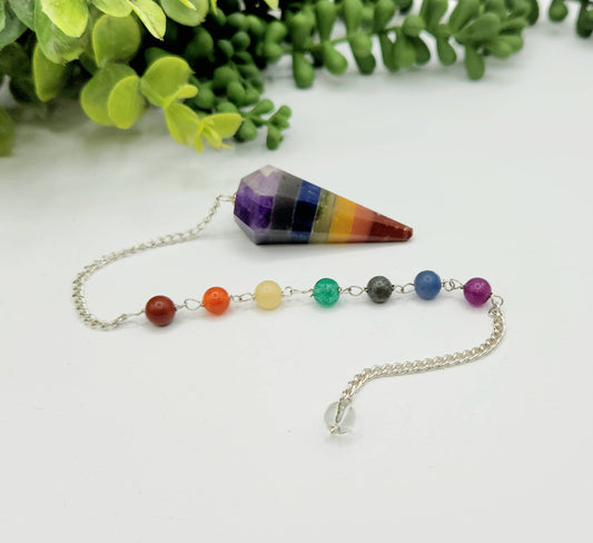 Seven Chakra Pendulum w/Chakra Beads-Silver Plated Chain