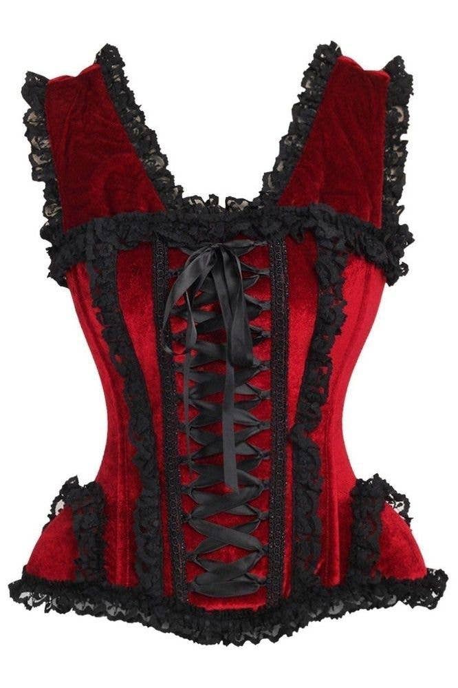 LIMITED EDITION Top Drawer Dark Red Velvet & Lace Steel Boned Corset w/Cap Sleeves