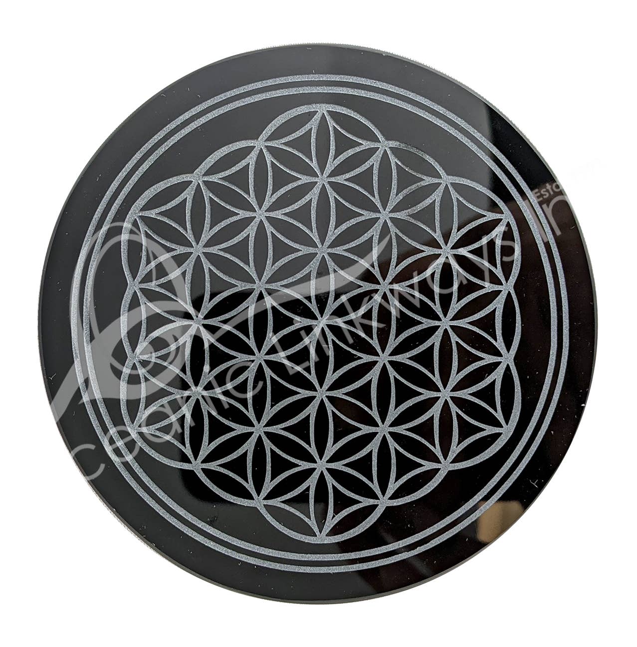 (PC)CRYSTAL GRID - OBSIDIAN, BLACK FLOWER OF LIFE 4"DIA