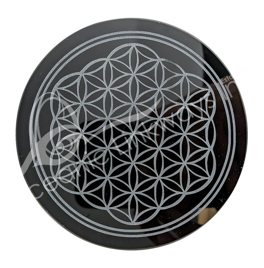 (PC)CRYSTAL GRID - OBSIDIAN, BLACK FLOWER OF LIFE 4"DIA