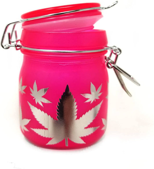 Glass Herb Stash Jar Neon Pink W Silver Leafs-Medium