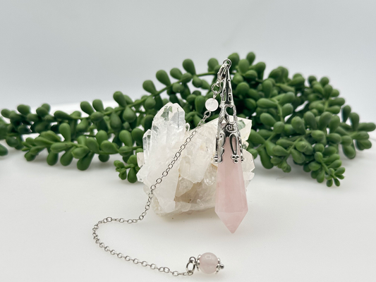 Rose Quartz Gemstone Art Deco Silver Color Pendulum