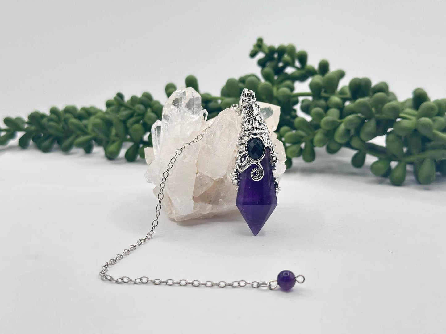Amethyst 12 Faceted Gemstone Antique Silver Color Pendulum