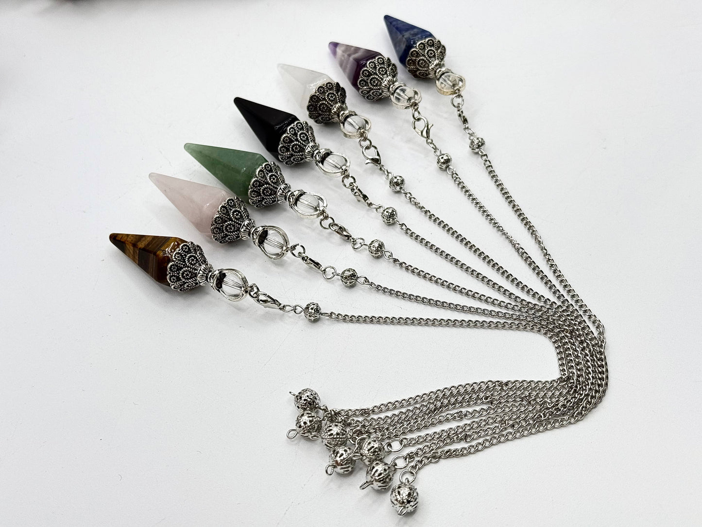 Green Aventurine Double Cap Pendulum with Silver Plate Chain