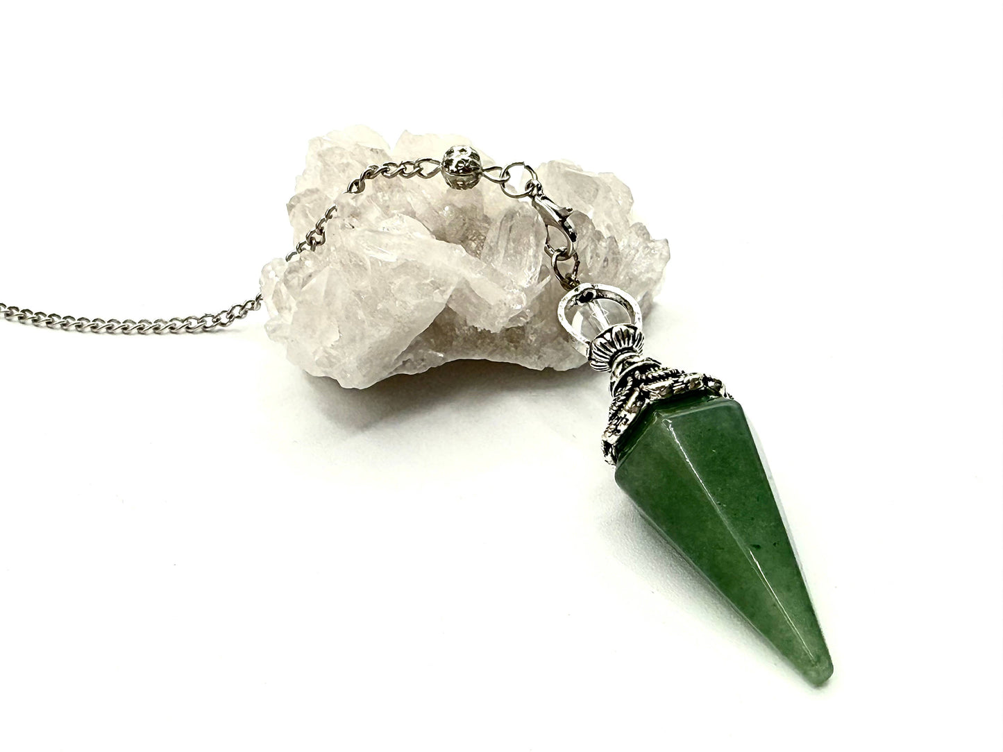 Green Aventurine Double Cap Pendulum with Silver Plate Chain