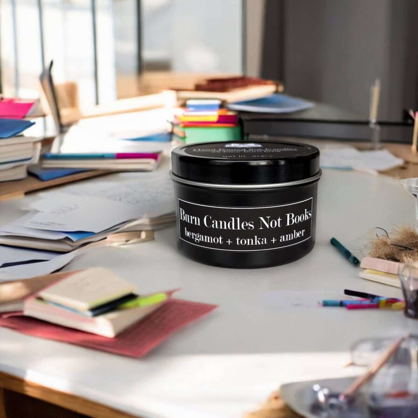 Burn Candles, Not Books 4oz Candle Bergamot + Tonka + Amber