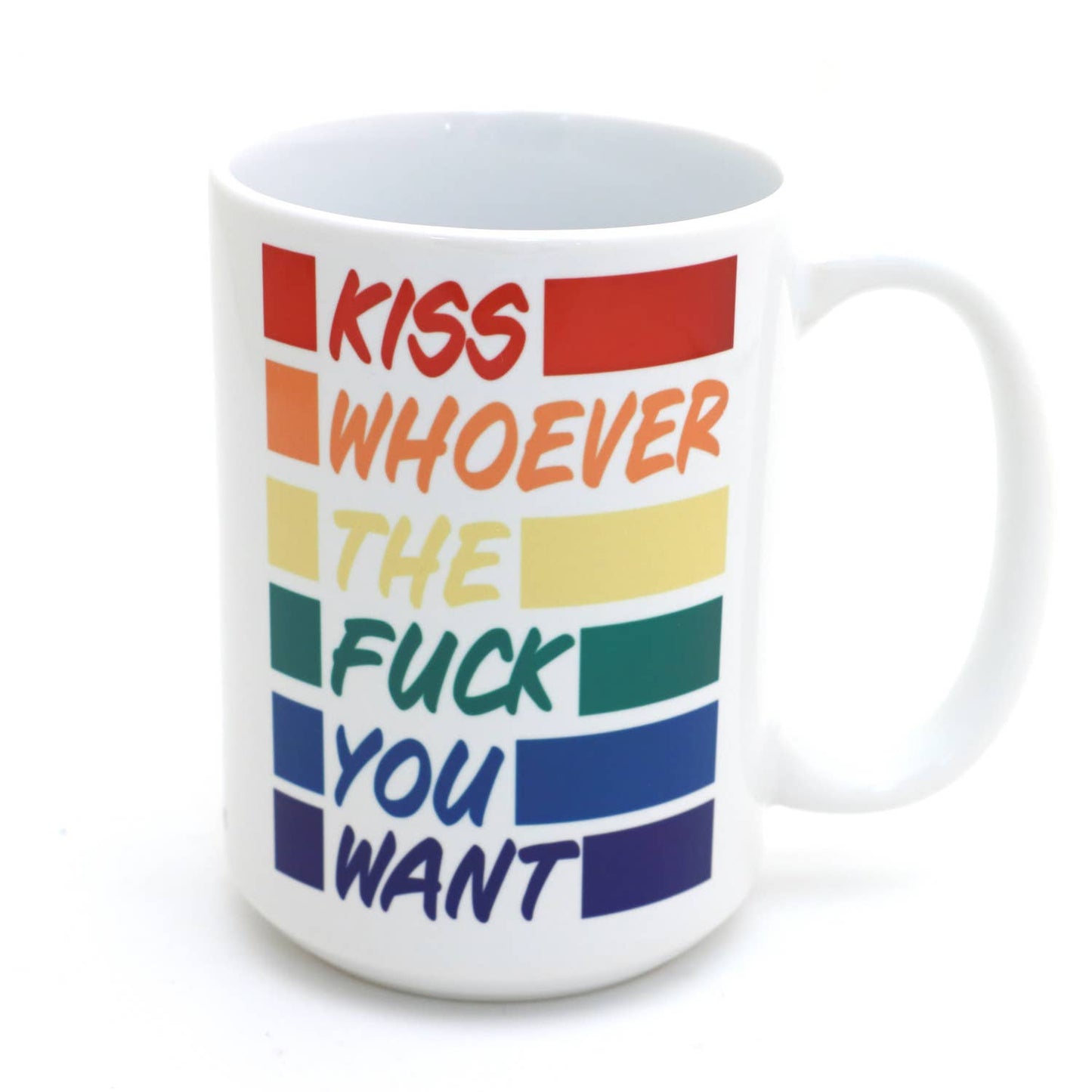 Pride mug, Kiss Whoever You Want, Mature language 15 oz. Mug
