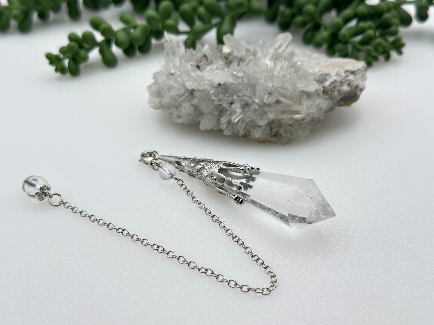 Clear Quartz Gemstone Art Deco Silver Color Pendulum