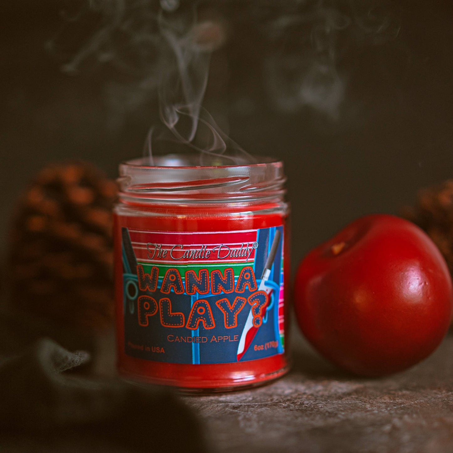 FUNNY FALL HALLOWEEN - WANNA PLAY? -CANDIED APPLE CANDLE