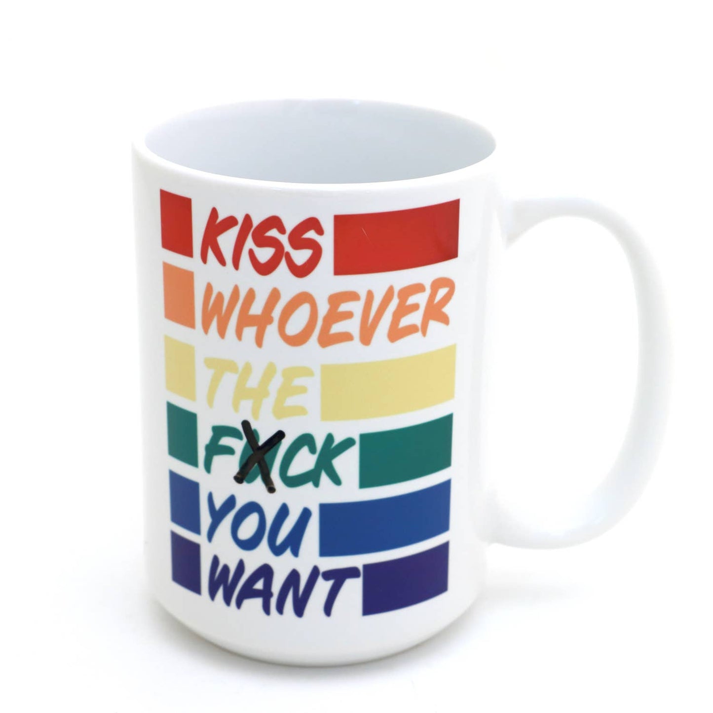 Pride mug, Kiss Whoever You Want, Mature language 15 oz. Mug