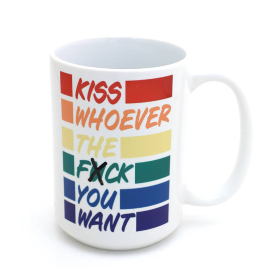 Pride mug, Kiss Whoever You Want, Mature language 15 oz. Mug