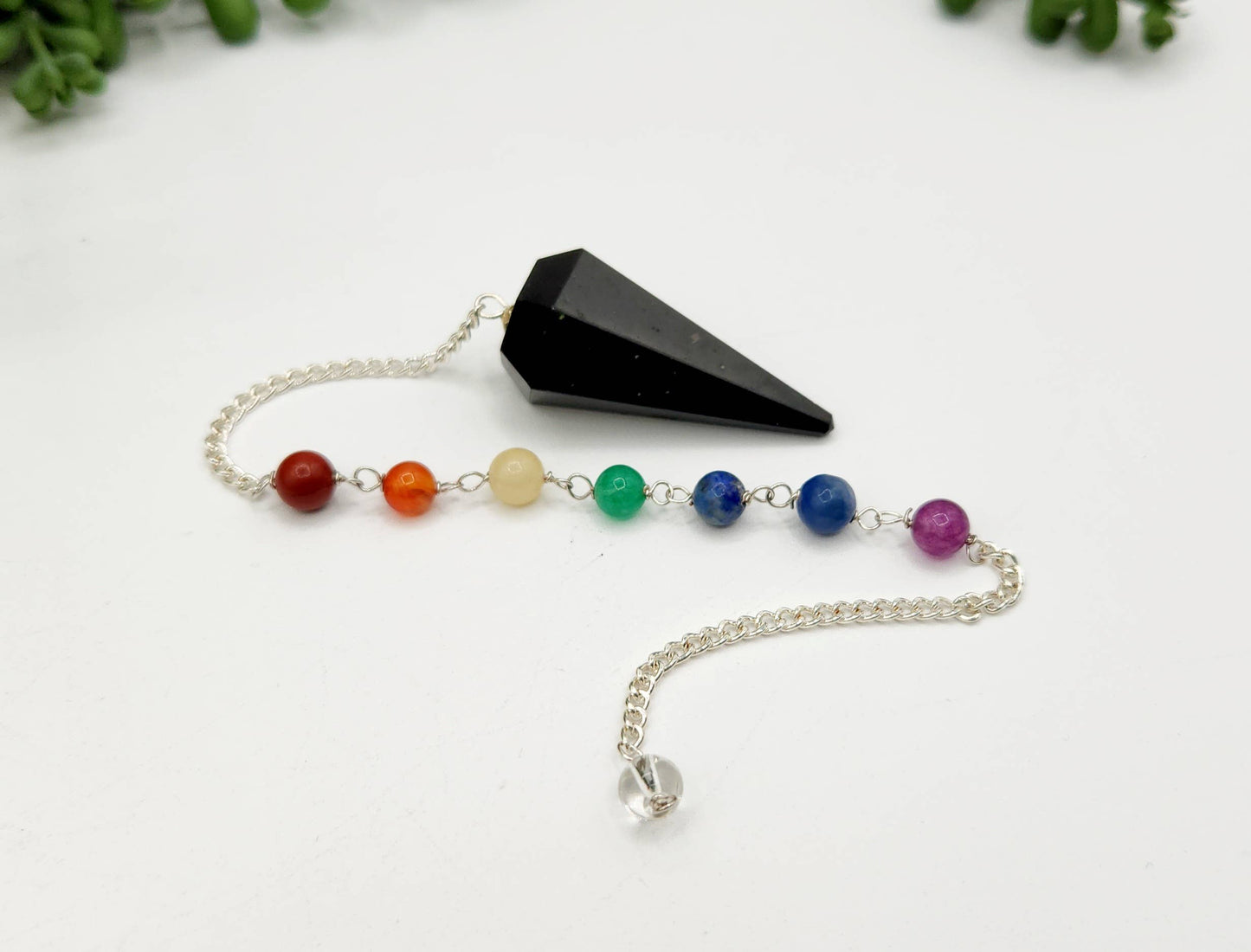 Black Tourmaline Pendulum w/Chakra Beads-Silver Plate Chain