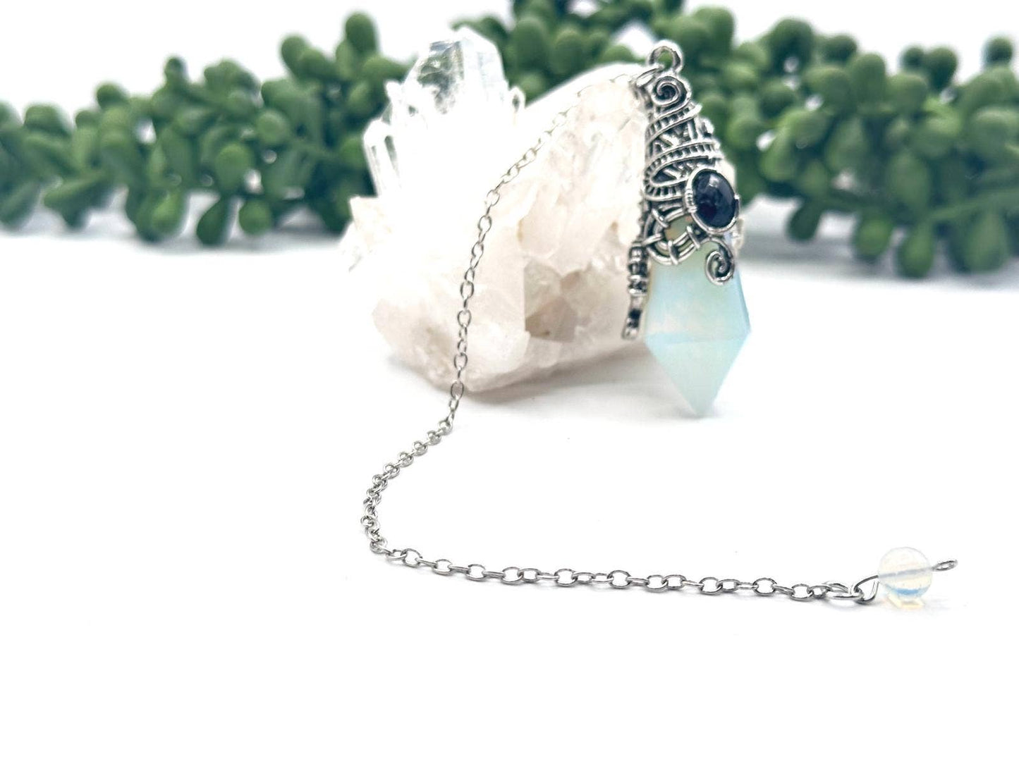 Opalite 12 Faceted Antique Silver Detailing Pendulum