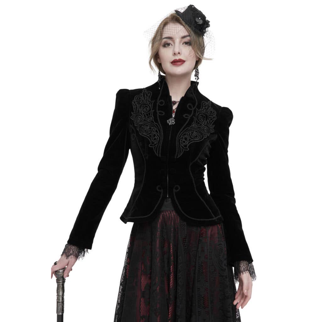 CT19301 - Black Gothic Embroidered Princess Seam Coat-S