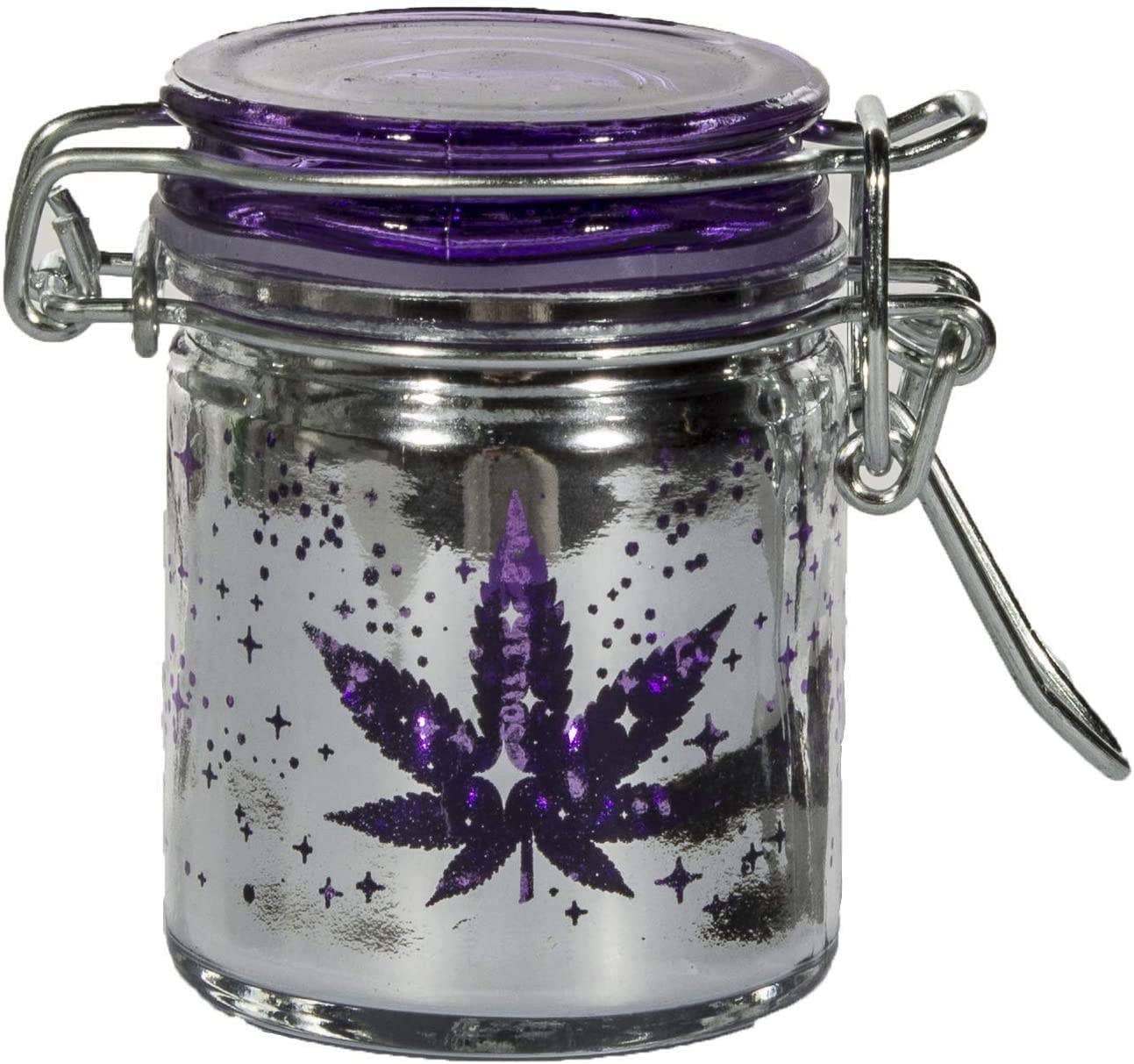 Glass Herb Stash Jar- Metallic Silver and Purple Leaf-Small