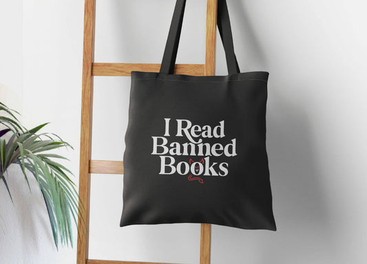 I Read Banned Books Tote Bag, 12oz Black Canvas Totebag
