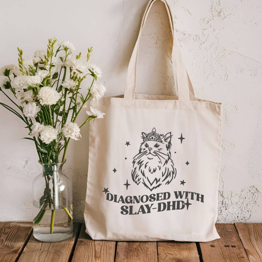 Diagnosed with Slay-DHD Funny Meme Cat Canvas Tote Bag