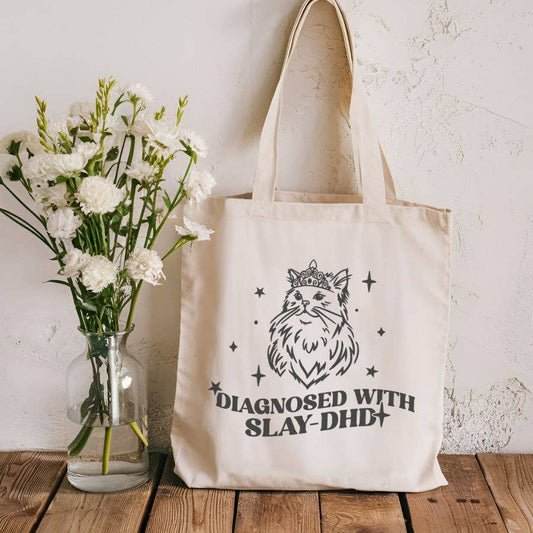 Diagnosed with Slay-DHD Funny Meme Cat Canvas Tote Bag