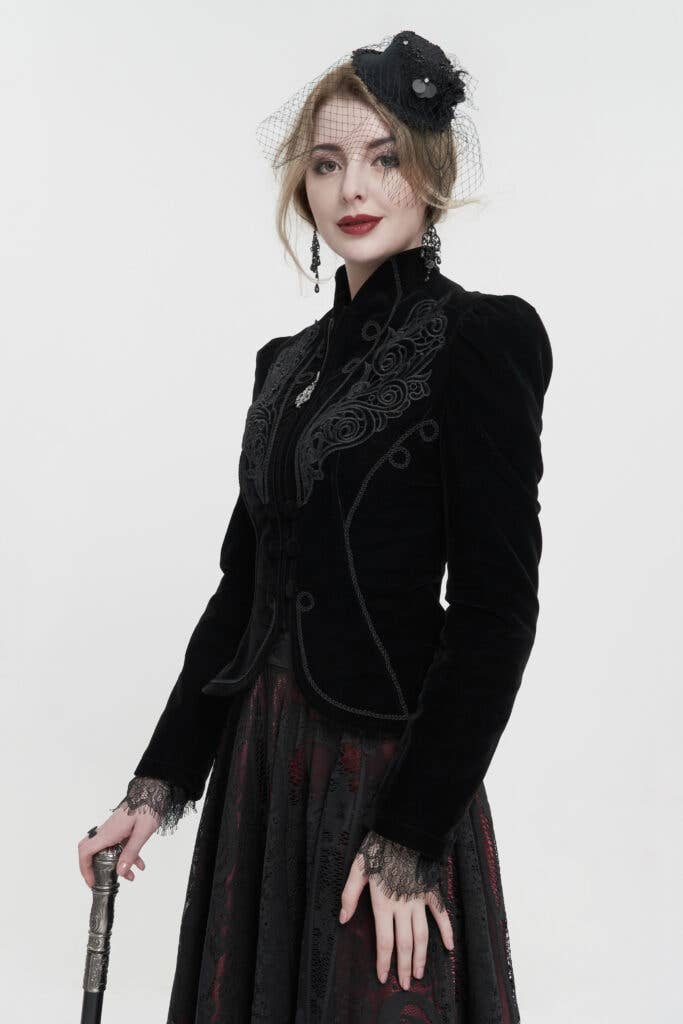 CT19301 - Black Gothic Embroidered Princess Seam Coat-S
