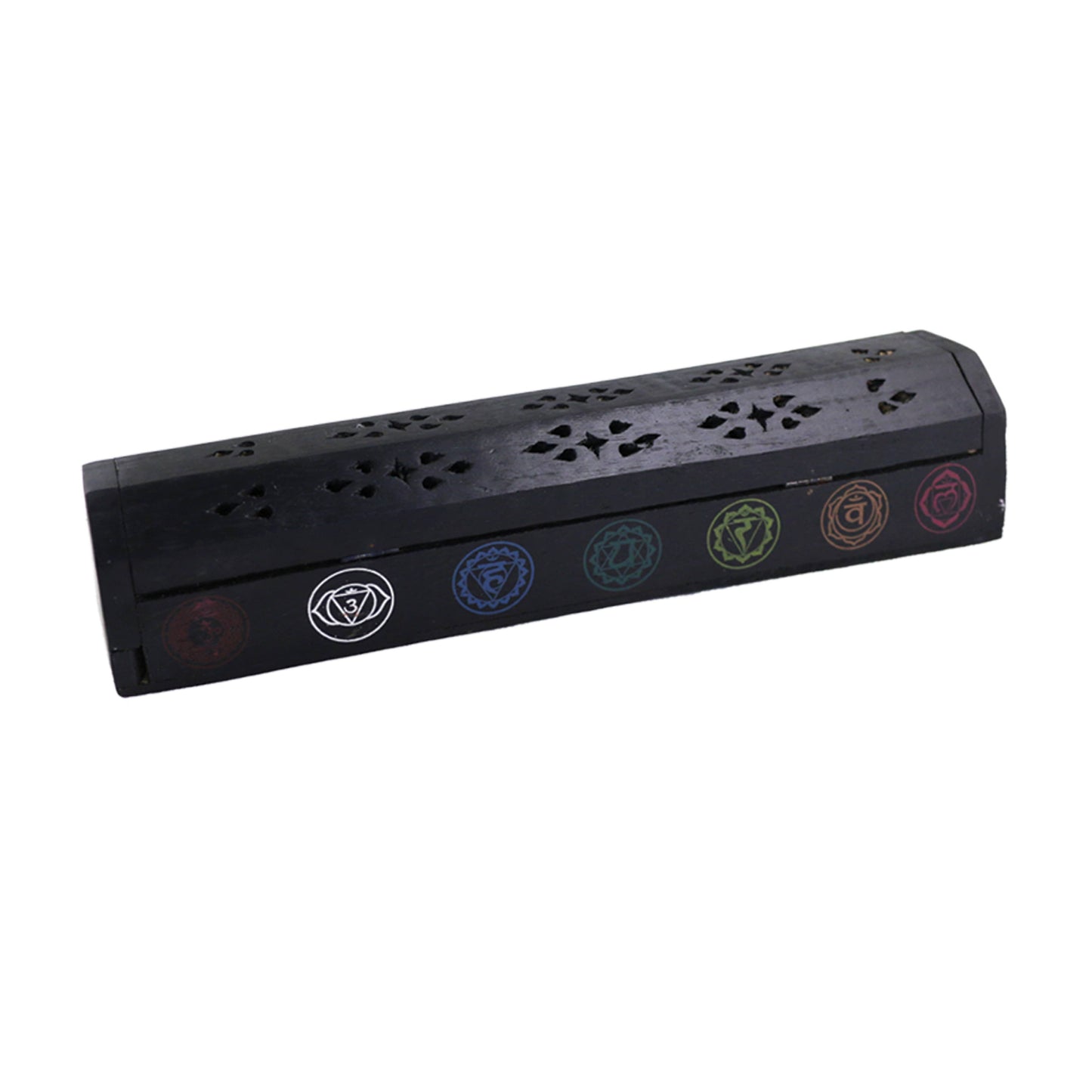 Hand Carved Wooden Incense Burner Box - 7 Chakras (Black)