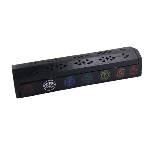 Hand Carved Wooden Incense Burner Box - 7 Chakras (Black)
