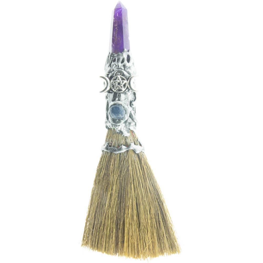 Gemstone Wicca Broom 8in - Amethyst w/ Silver Triple Moon