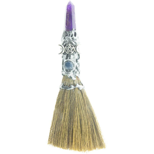 Gemstone Wicca Broom 8in - Amethyst w/ Silver Triple Moon