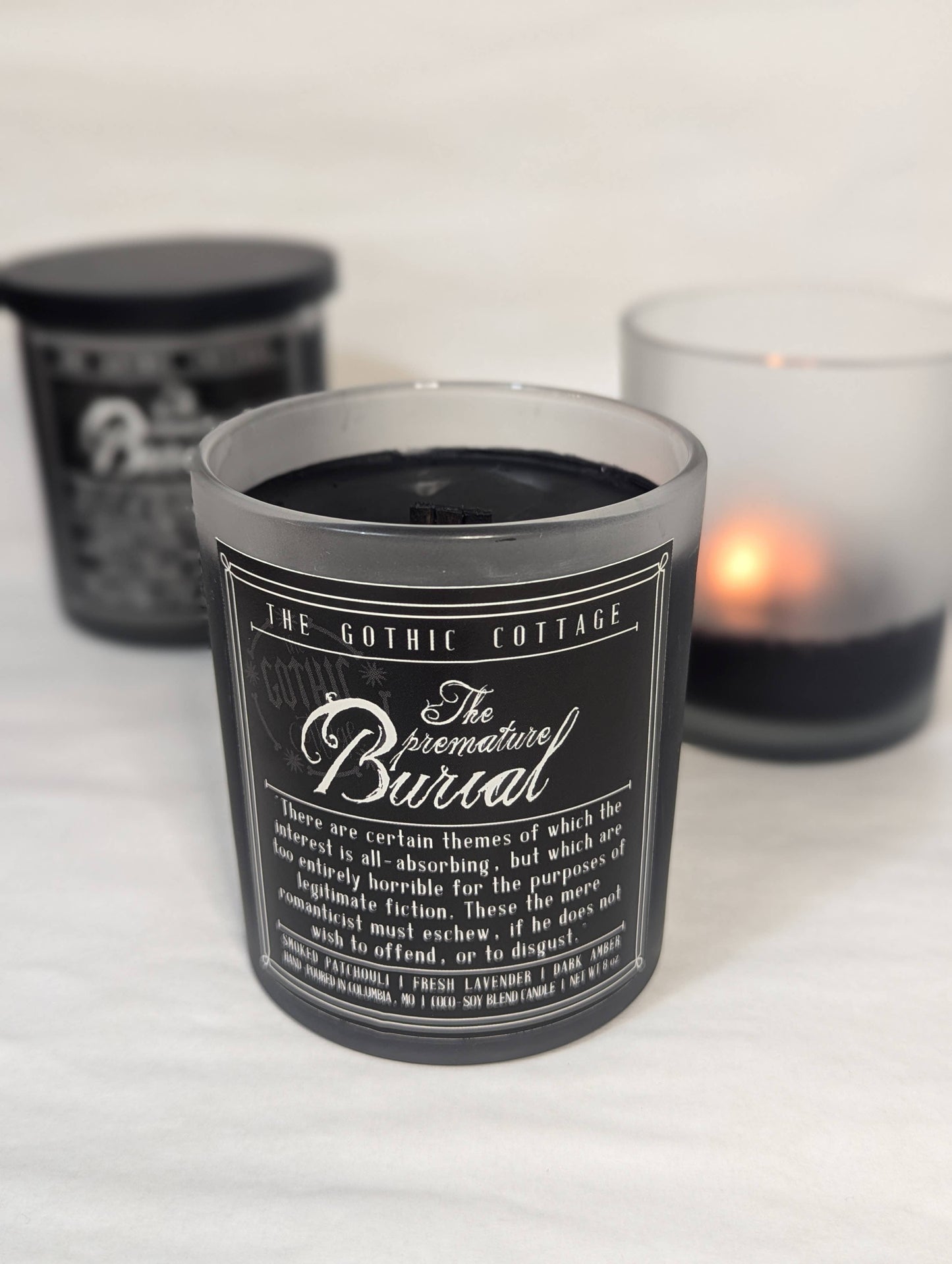 Lavender & Patchouli—8oz black candle | The Premature Burial