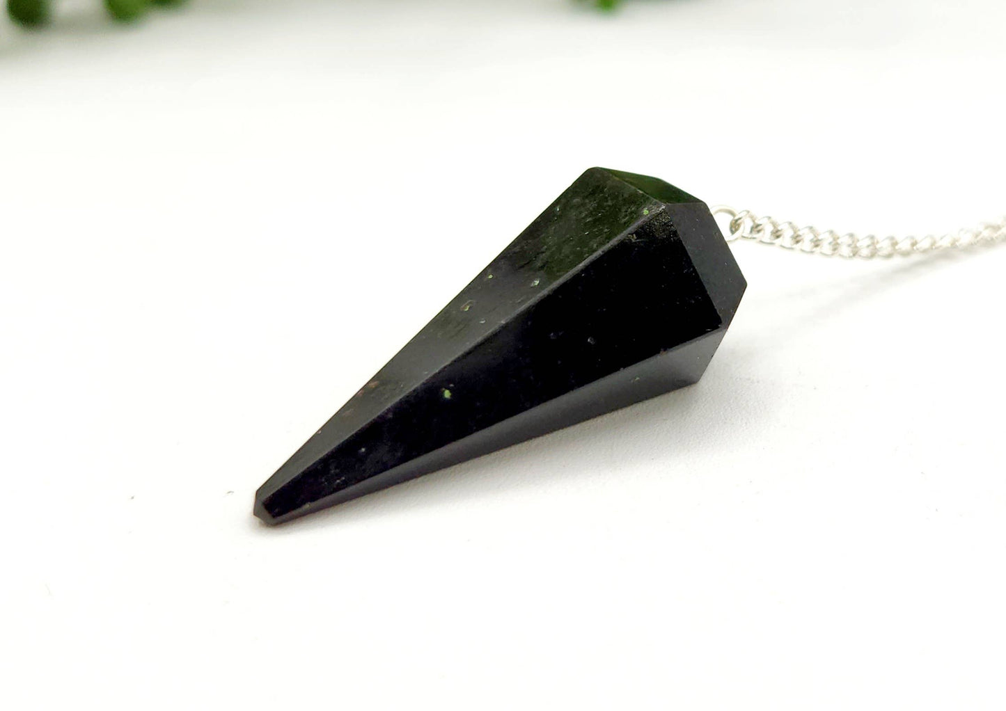 Black Tourmaline Pendulum w/Chakra Beads-Silver Plate Chain