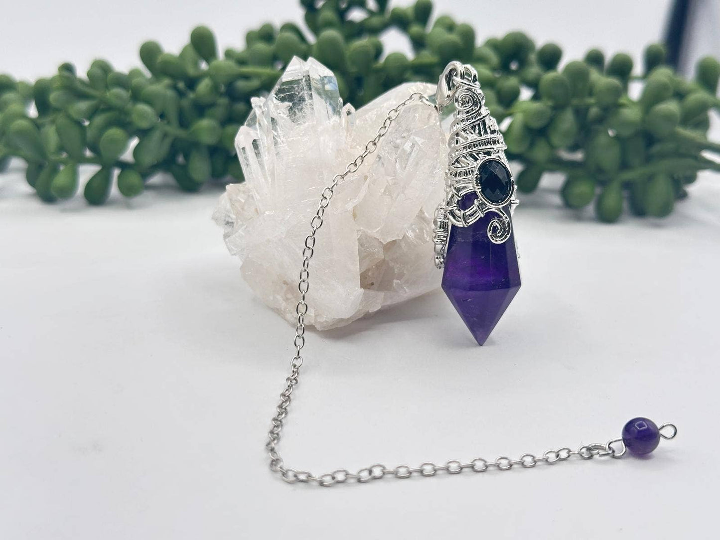 Amethyst 12 Faceted Gemstone Antique Silver Color Pendulum