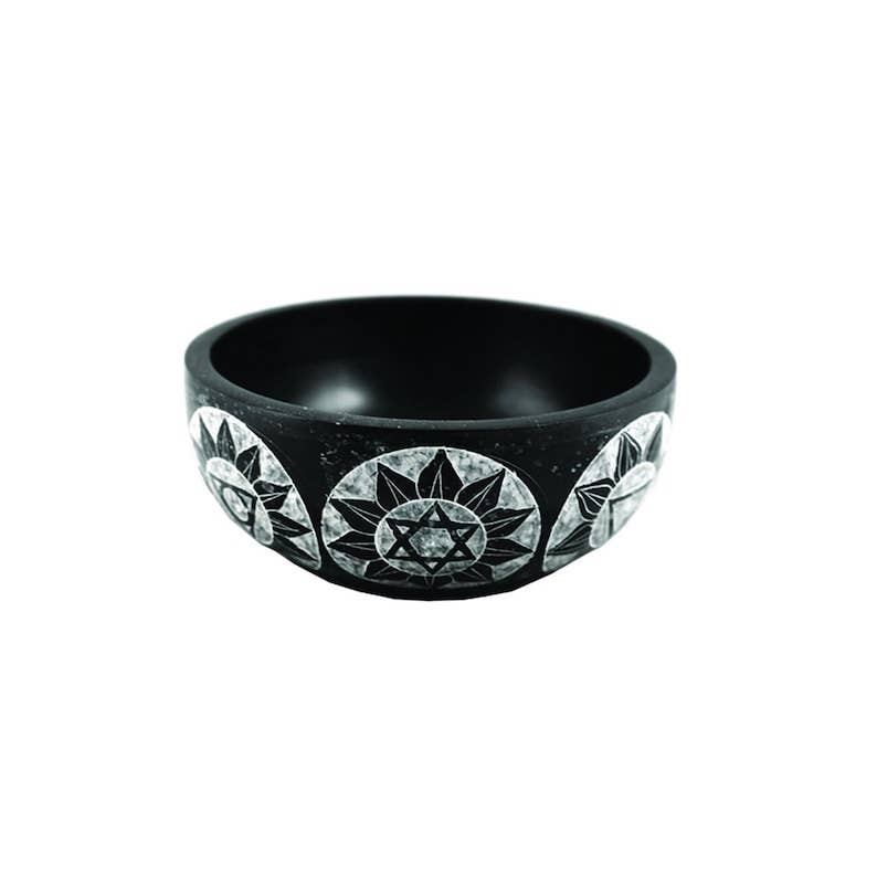 Hand Carved Soapstone Smudge Bowl - Black 7 Chakras