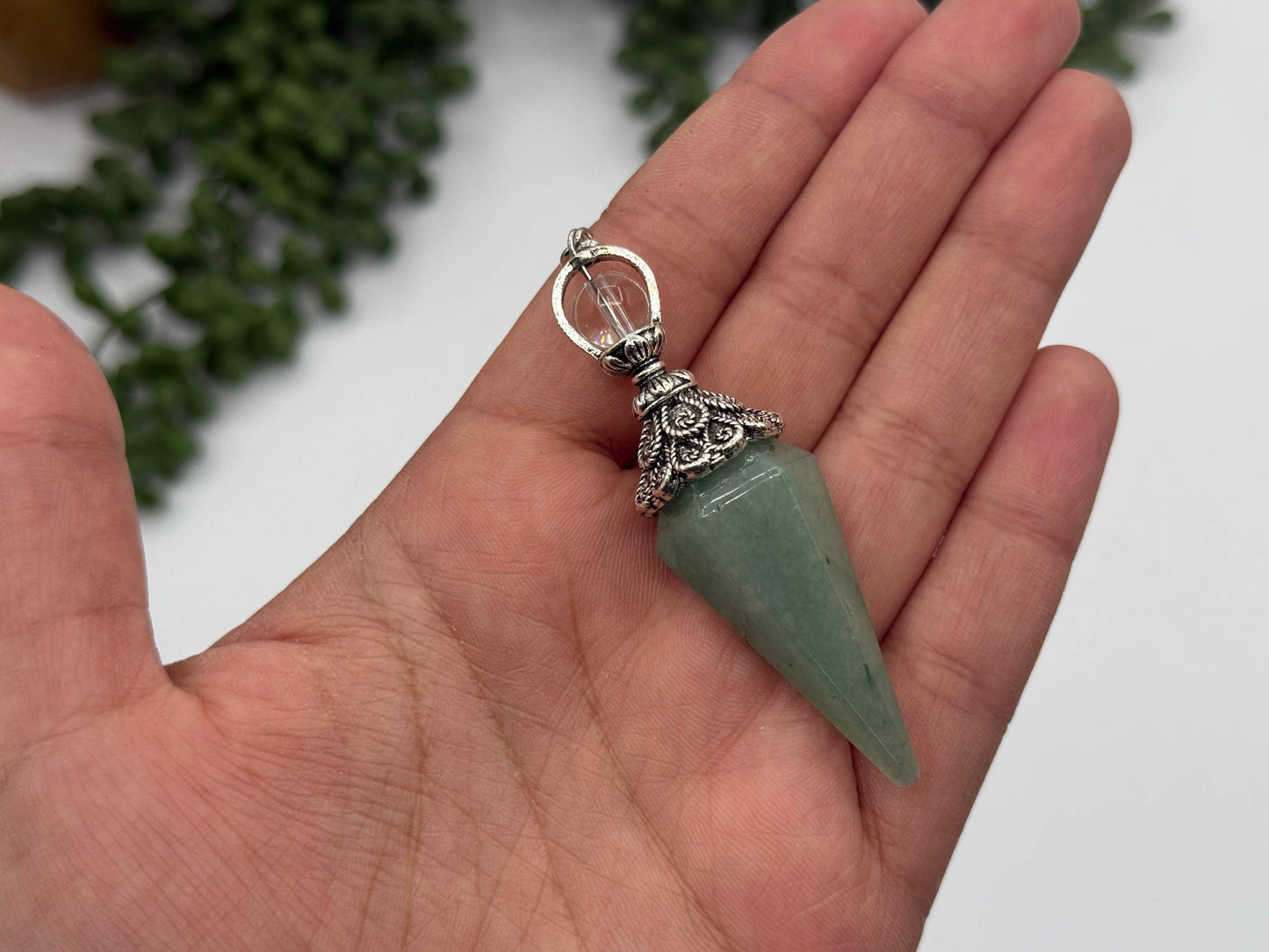 Green Aventurine Double Cap Pendulum with Silver Plate Chain