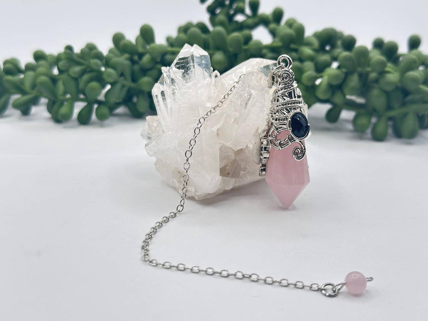 Rose Quartz 12 Faceted Antique Silver Detailing Pendulum