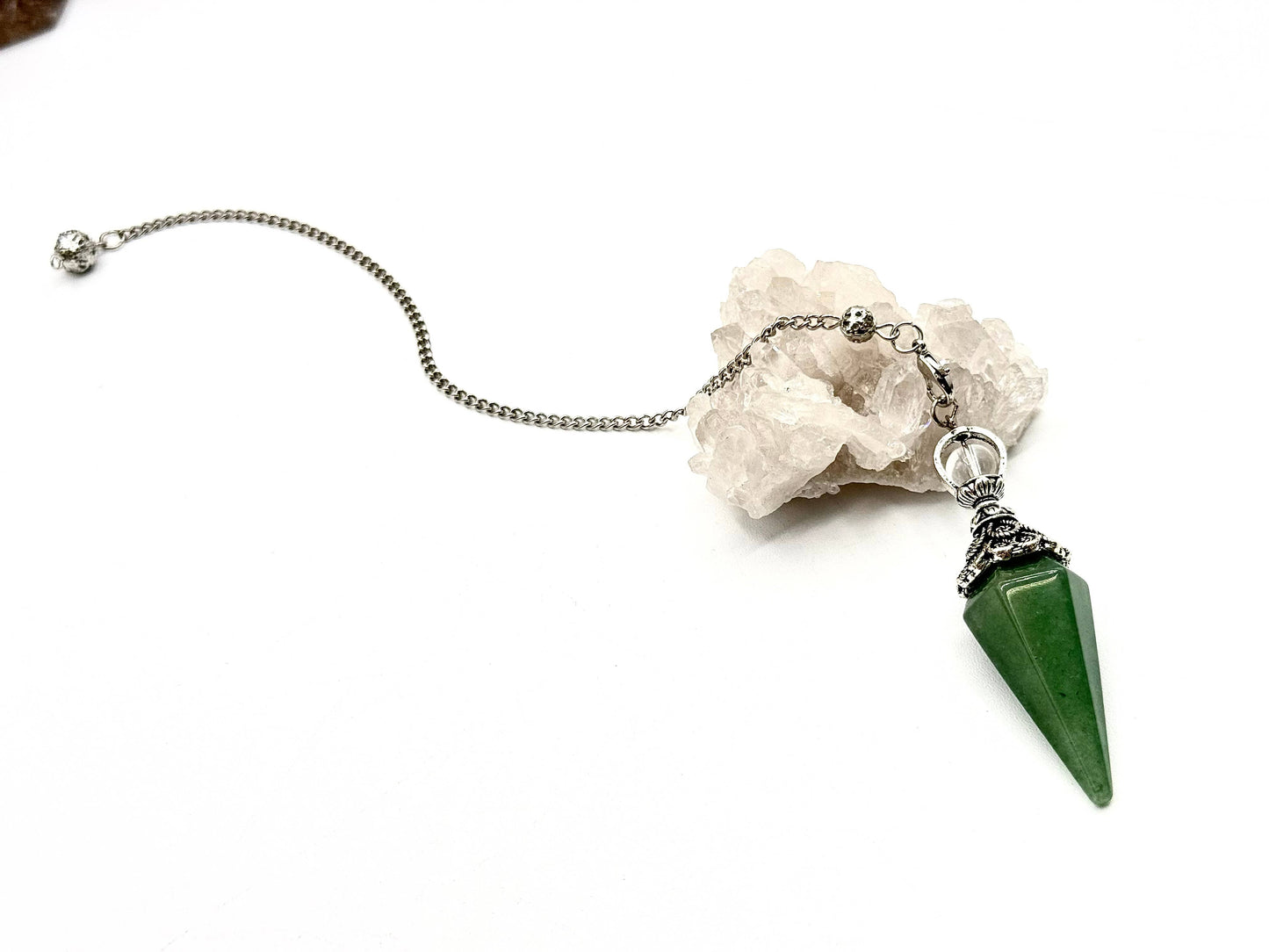 Green Aventurine Double Cap Pendulum with Silver Plate Chain